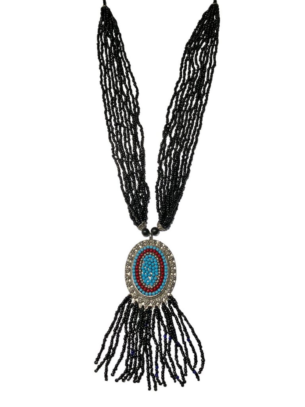 Tibetan Inspired Statement Necklace Boho Medallion Black Glass Seed Beads